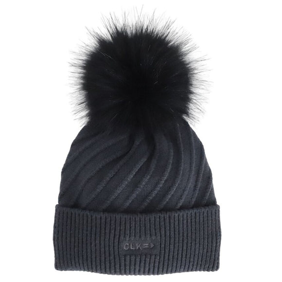 Calikids W2504 Knit Fur Pompom Hat Black Ink