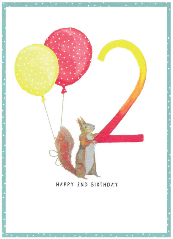 Birthday Card 2yr Squirrel with Yellow/Red Balloons