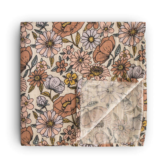 Mushie Organic Cotton Muslin Swaddle Blanket Retro Flowers