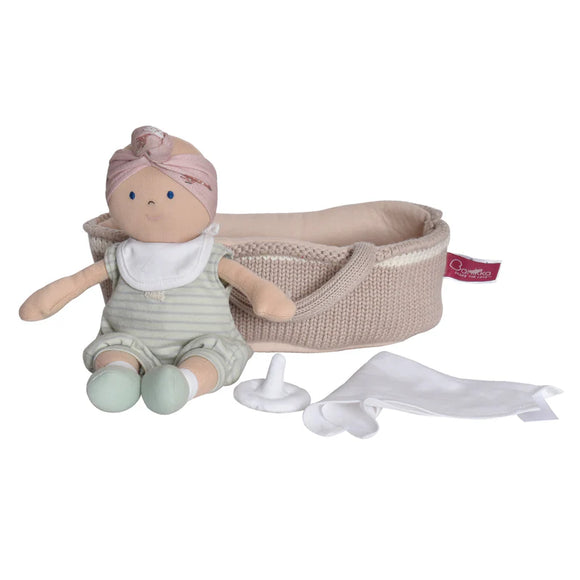 Tikiri Toys Knitted Carry Cot with Remi Baby Light Skin, Soother & Blanket