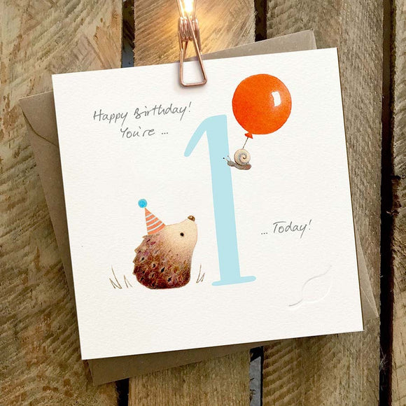 Birthday Card 1yr Hedgehog with Orange Balloon