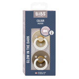 BIBS Pacifier Original COLOUR Latex 2 PK GLOW in the Vanilla/Dark Oak