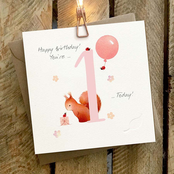 Birthday Card 1yr Squirrel with Pink Balloon