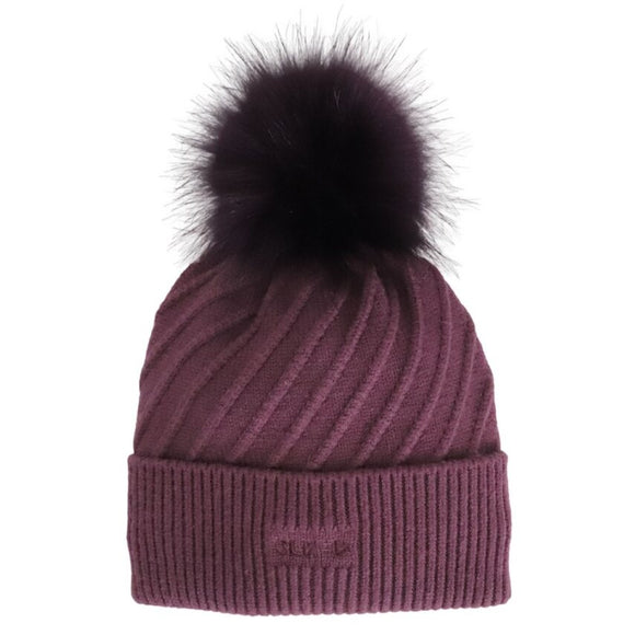 Calikids W2504 Knit Fur Pompom Hat Eggplant
