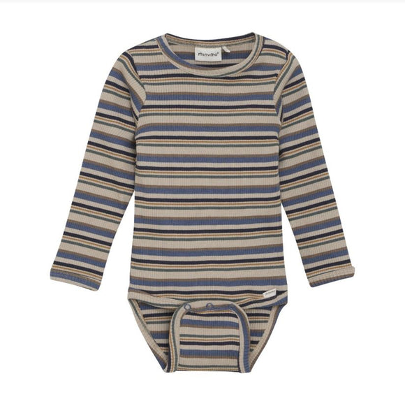 MinyMo Bodysuit LS Rib Blue Stripe