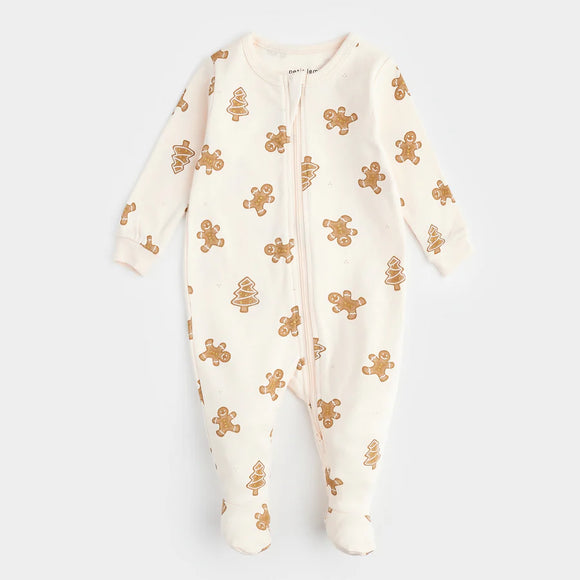 Petit Lem Sleeper Gingerbread Print on Silver-Pink Peony