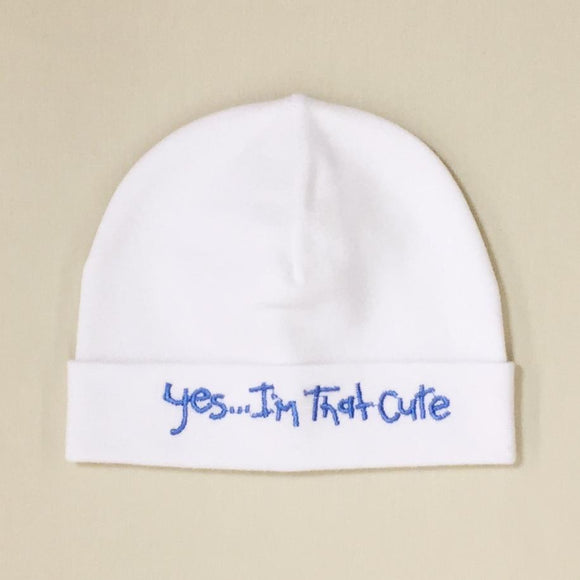Itty Bitty Baby Hat Yes...I'm That Cute White/Blue Print PREEMIE