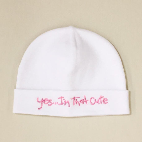 Itty Bitty Baby Hat Yes...I'm That Cute White/Pink Print - Preemie