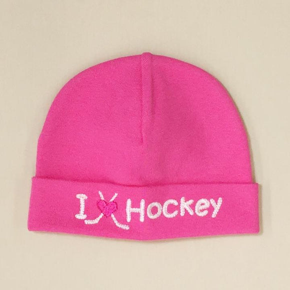 Itty Bitty FINAL SALE Baby Hat I Love Hockey Pink